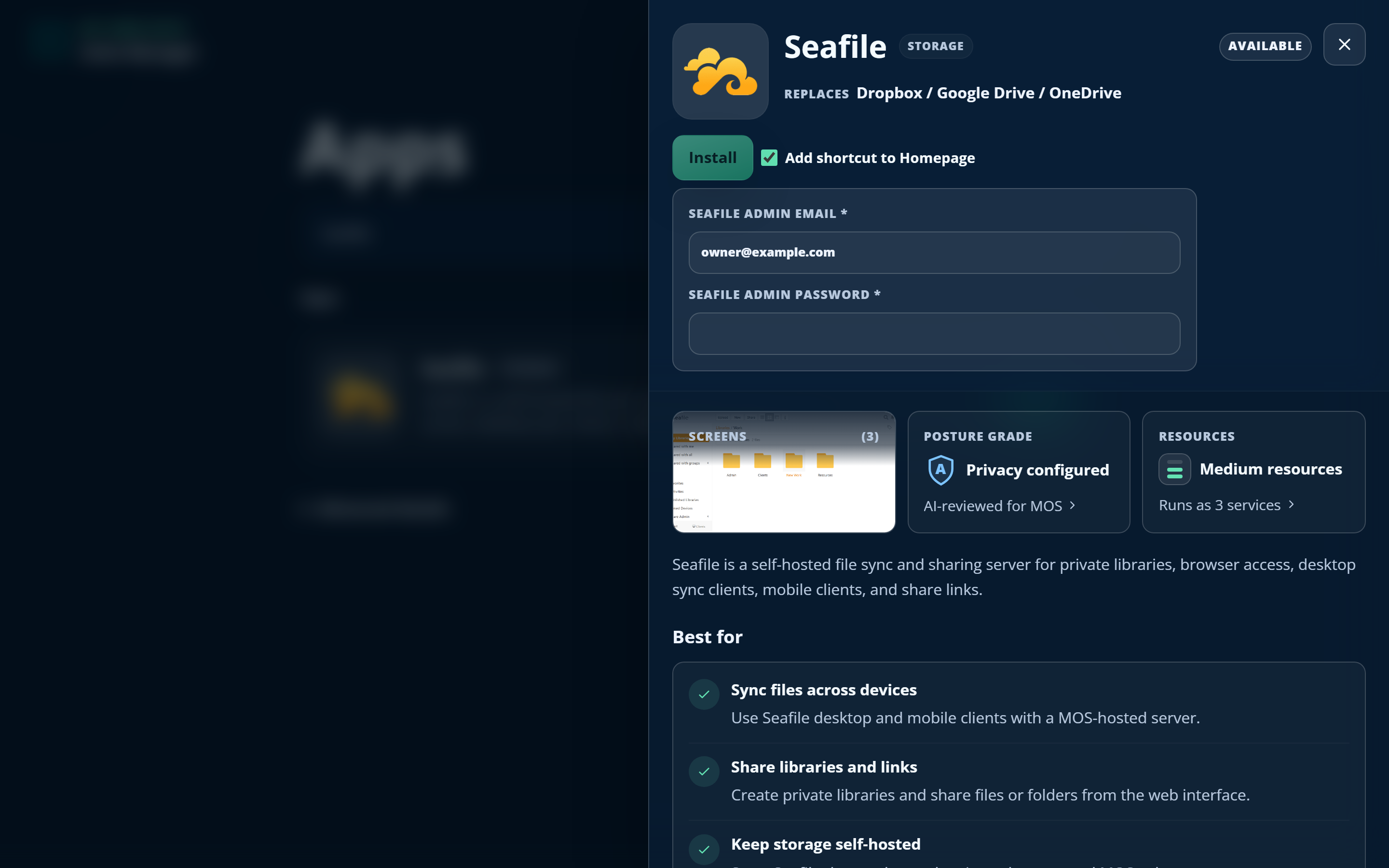 An app detail view in My Own Suite showing what the app replaces, its privacy grade, and a single Install button